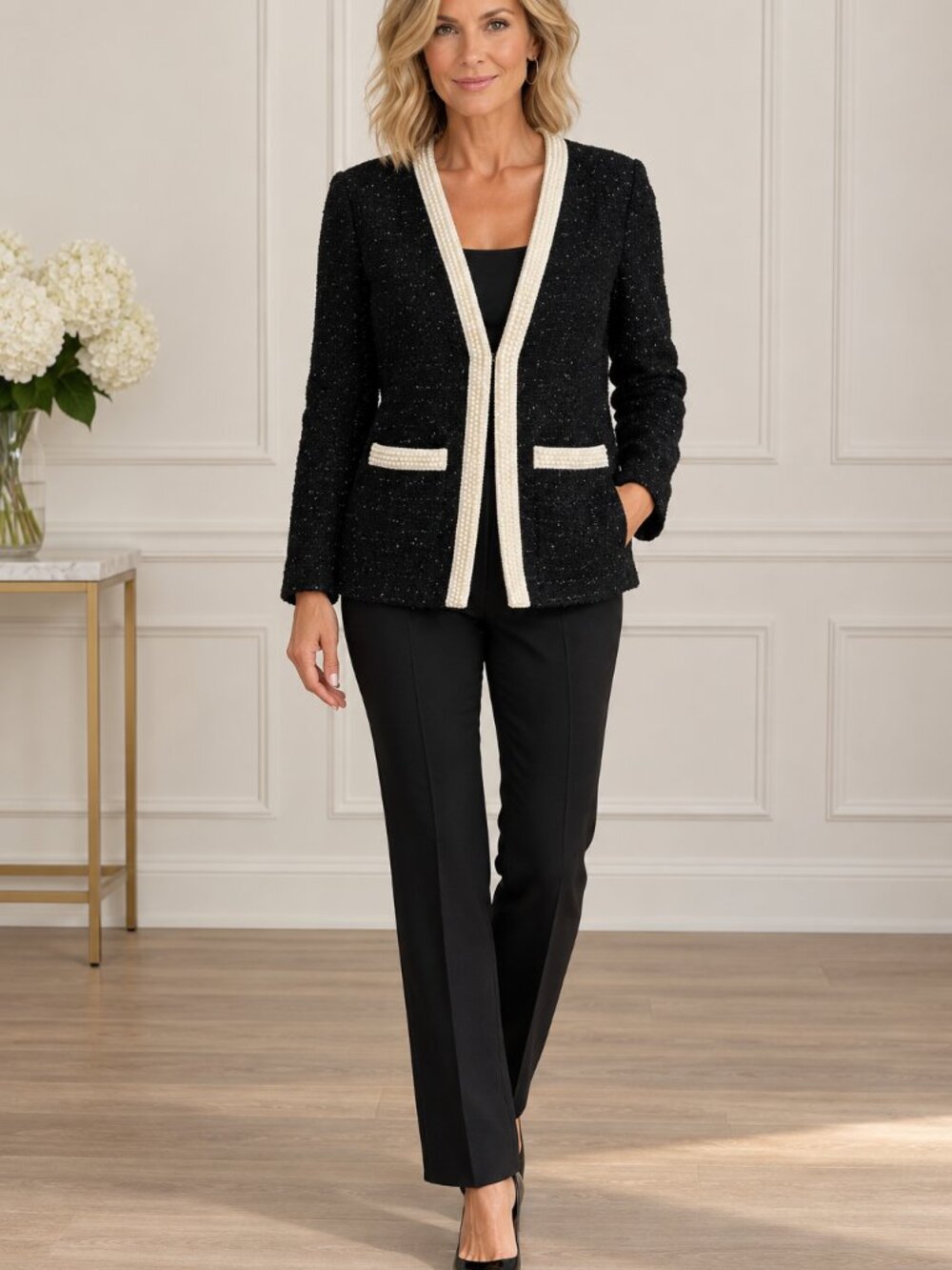 Black Pearl Trim Shimmer Blazer, Boston Proper, Size 8. NWT
